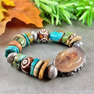 Tibetan Dzi Agate and Turquoise Bracelet