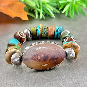 Tibetan Dzi Agate and Turquoise Bracelet