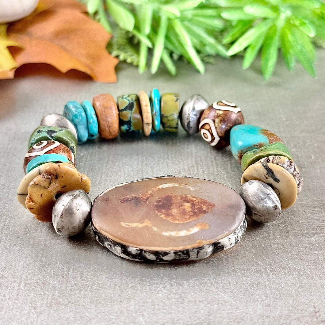 Tibetan Dzi Agate and Turquoise Bracelet