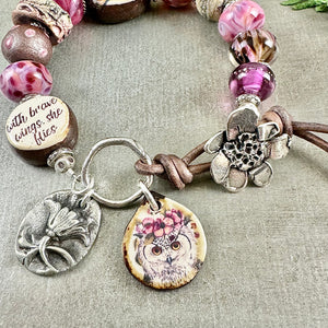 Pink Owl Art Bead Bracelet